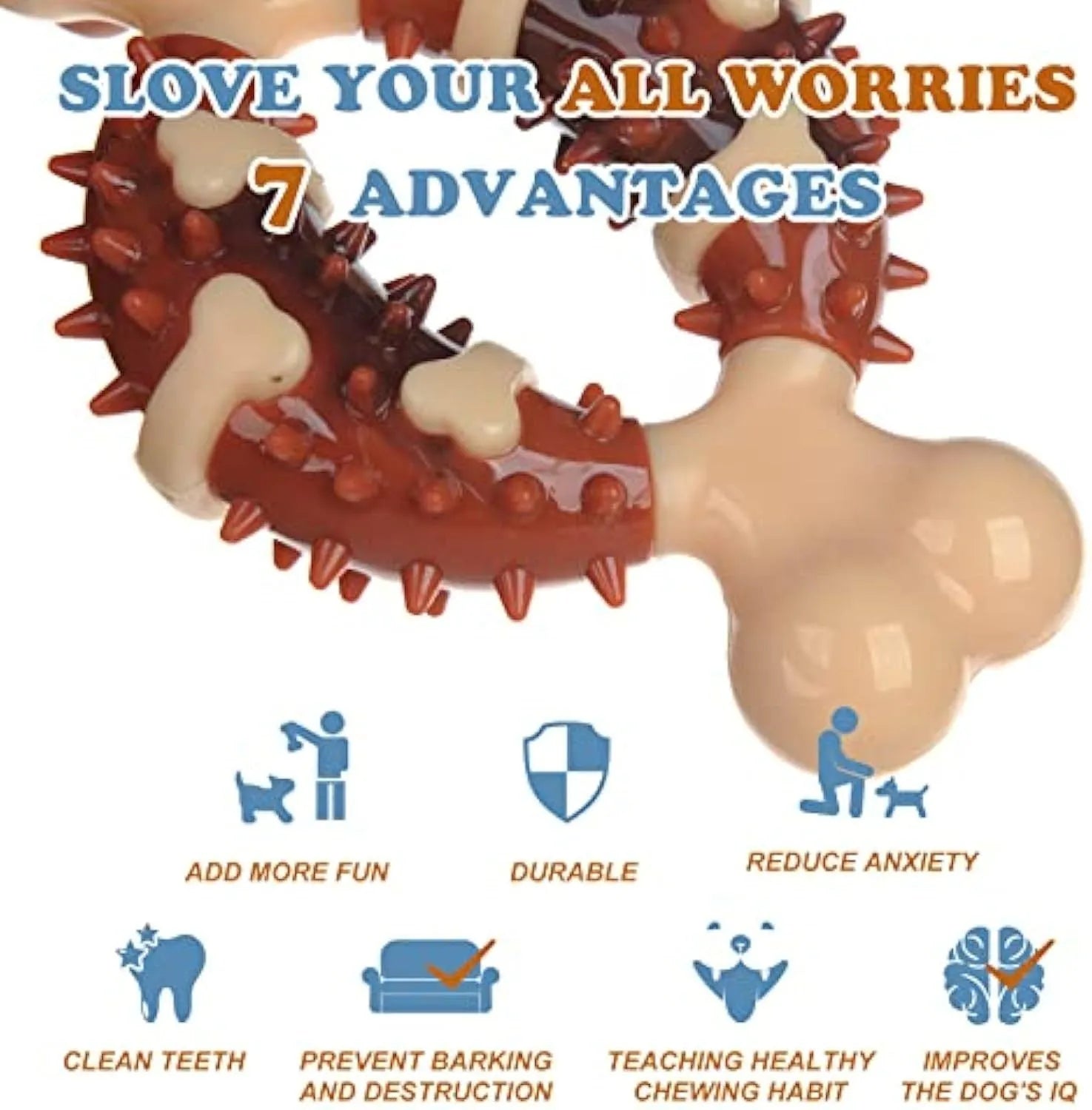 Natural rubber bone-shaped dog chew toy for teeth grinding, shown in large and small sizes.