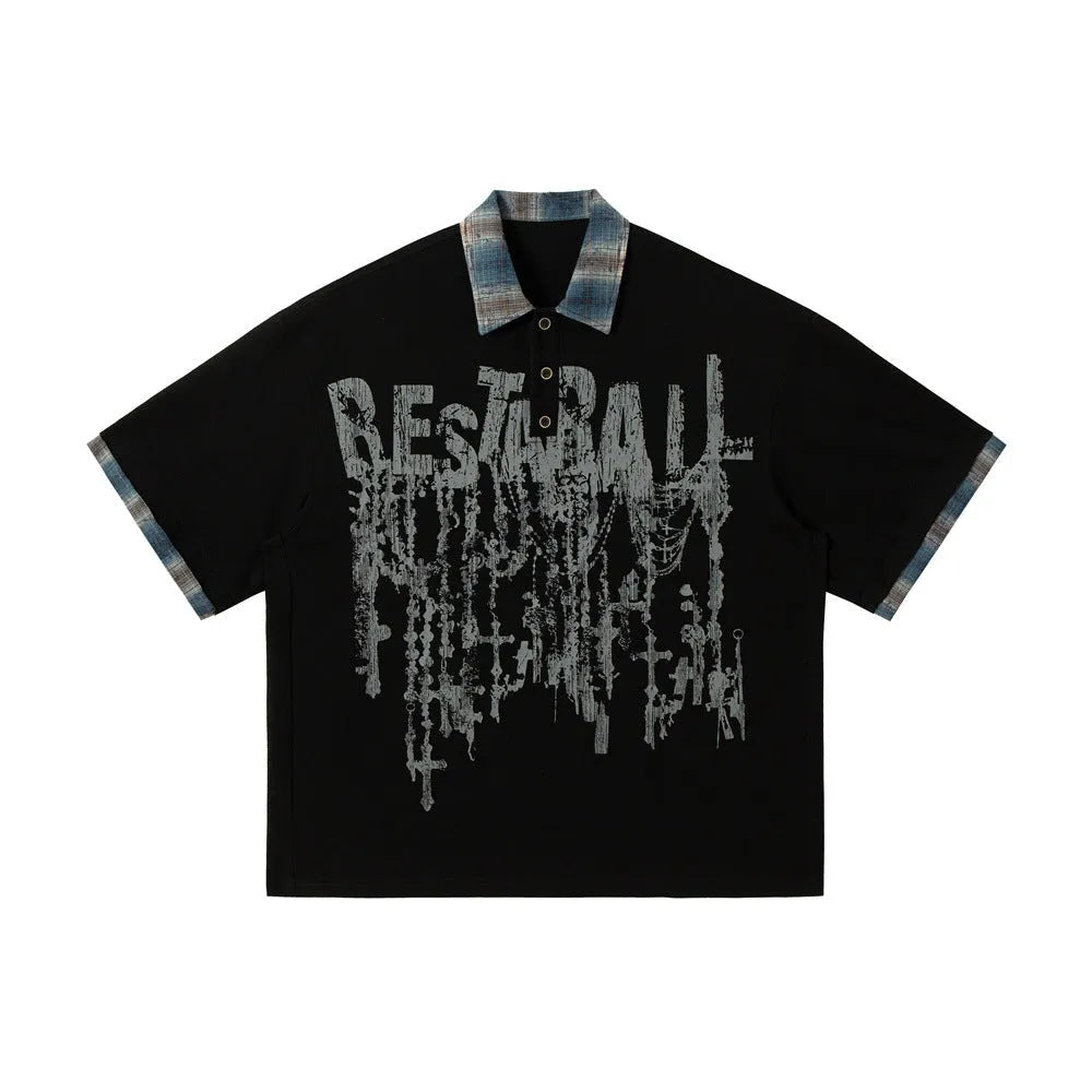Men's loose blue cotton short-sleeved top with a graffiti print on the lapel.