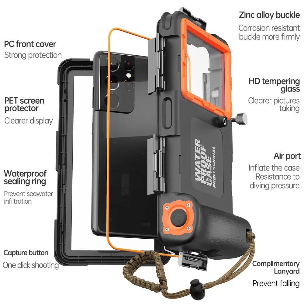 Black Orange metal phone case with lanyard for universal fit, showing all inclusive waterproof design
