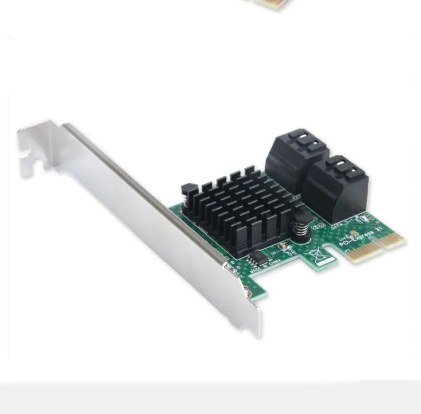 PCIe to SATA3.0 extension card with four SATA3.0 ports, PCIe x1 interface, green finish, and 2U baffle.