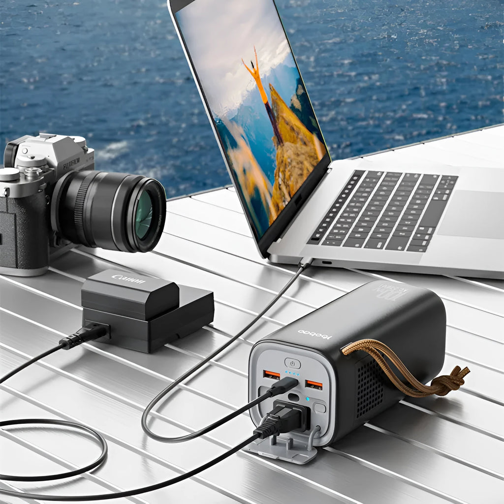 Black emergency power bank with 200W output, solar panel charging capability, and dimensions of 70x70x162mm