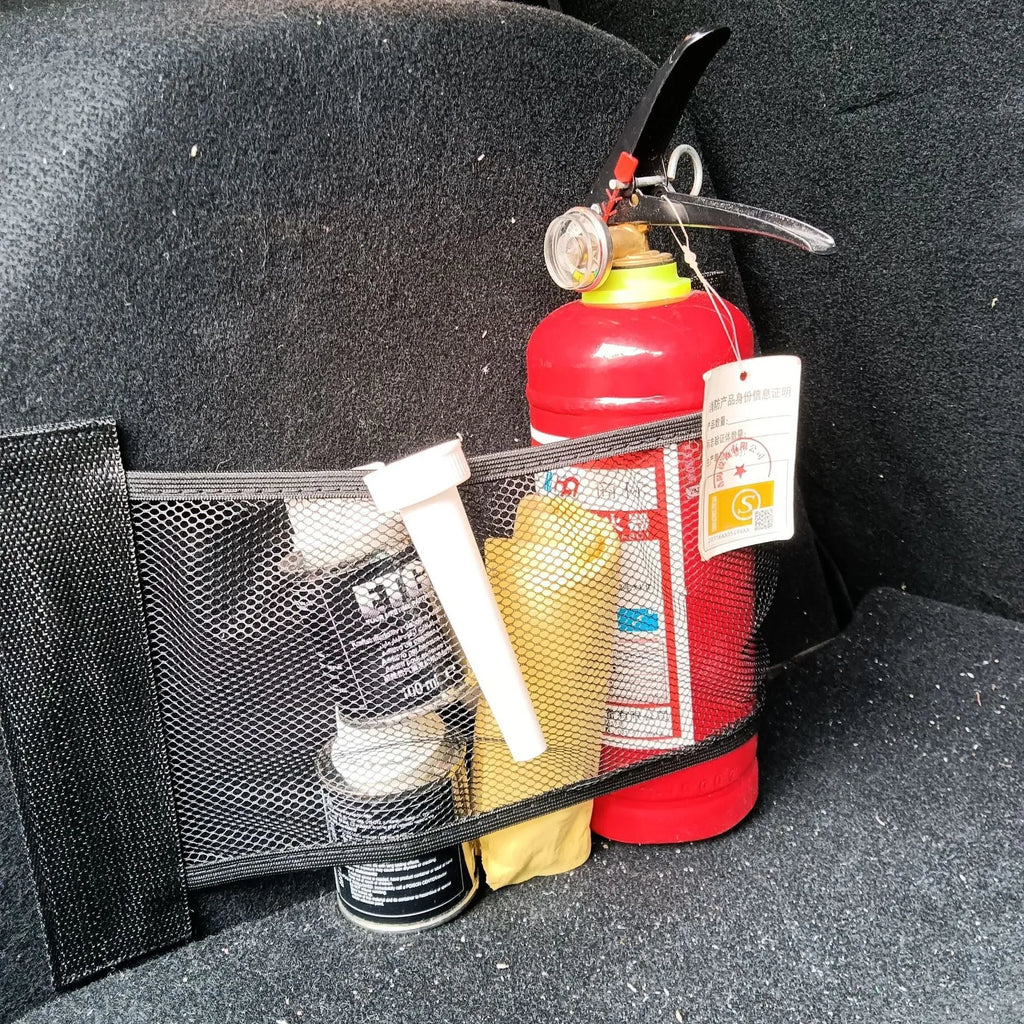Black elastic polyester storage net for organising items in a car boot, shown in 20x35cm and 20x45cm sizes.
