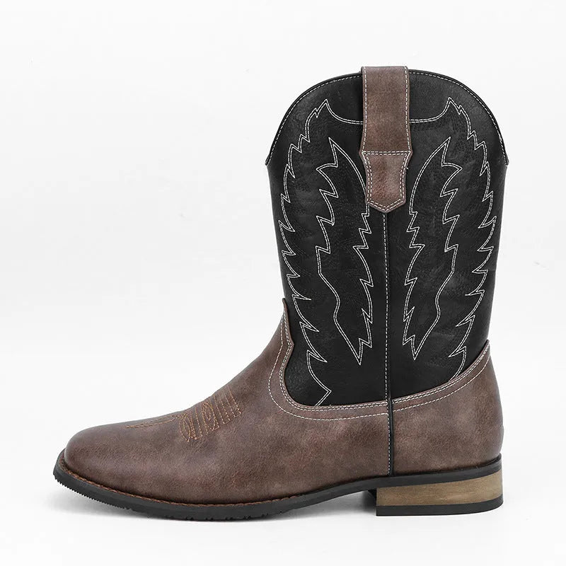 Men's black square toe western-style motorcycle boots with embroidery detail on artificial leather upper.