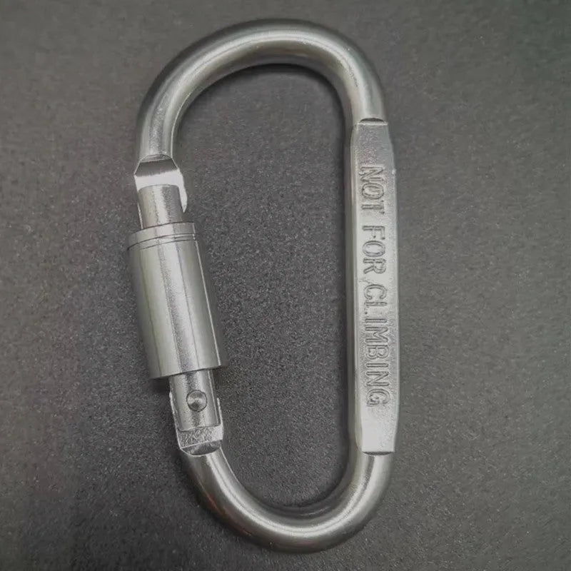 Aluminium D-type screw-lock carabiner in red, showing its 8cm size and flat-sided shape.