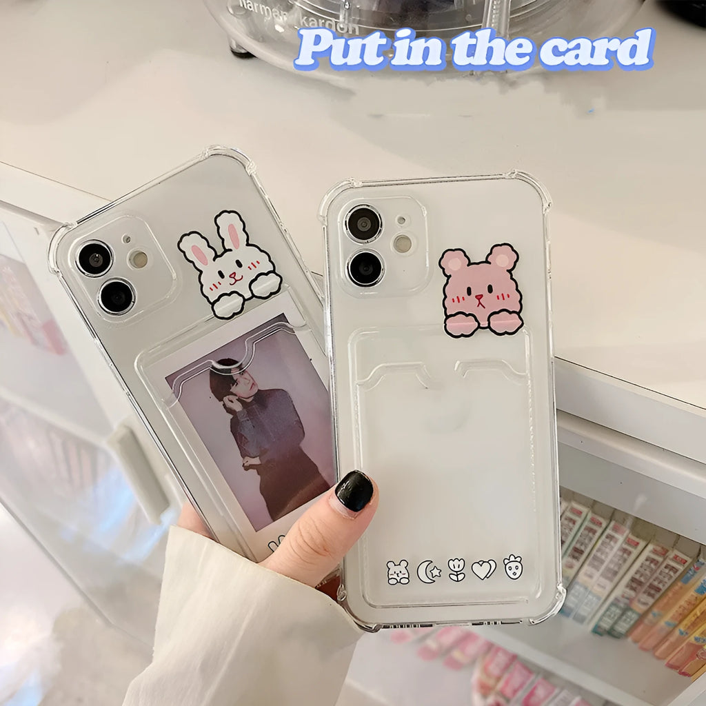 Cartoon artwork transparent TPU phone case with card holder slot for iPhone