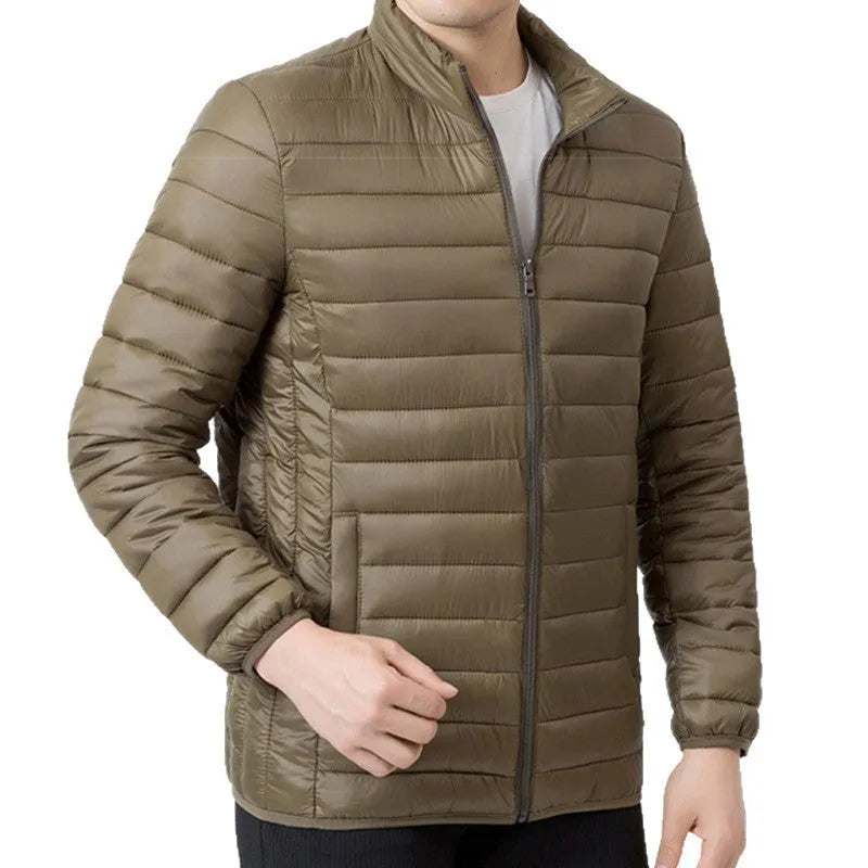Men's lightweight quilted stand collar winter coat in black, down cotton filler, medium length 65cm, sizes M to 10XL