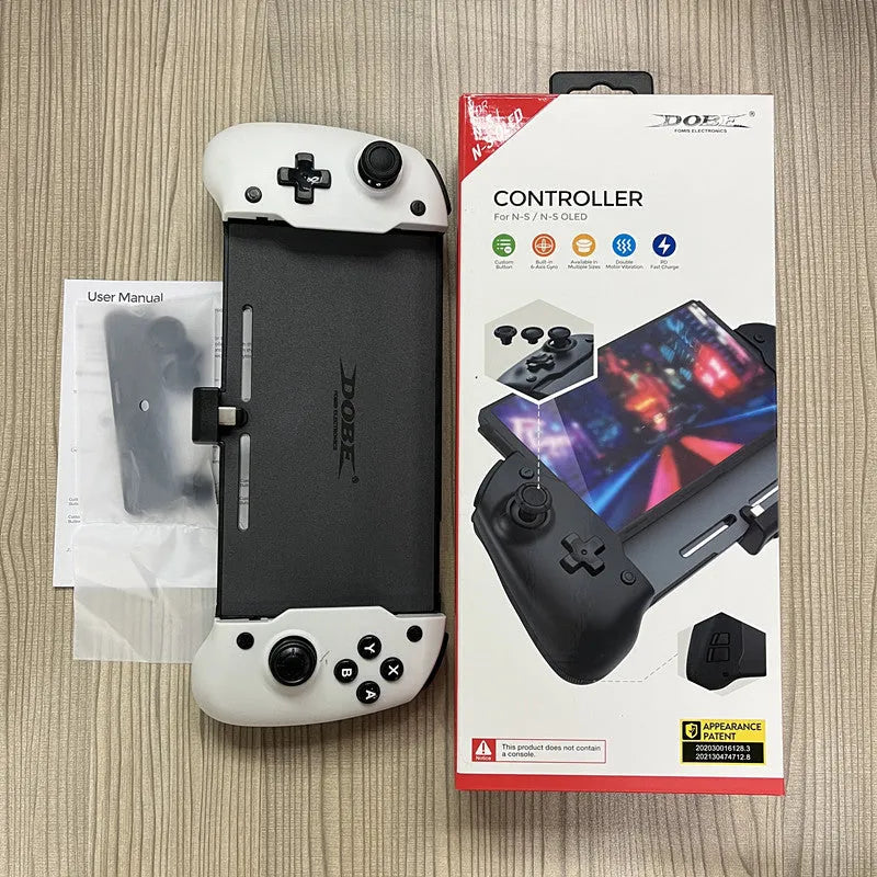 Black and white portable Nintendo Switch gamepad handle attached to console showing controls and Type-C port.