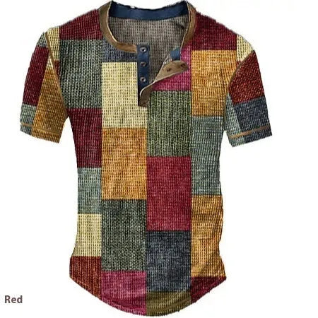 Men's graphic plaid colour block waffle henley short sleeve shirt, front view, regular fit, available in multiple colours