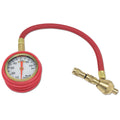 Red and black mechanical automotive tyre pressure gauge with a rapid deflation valve on a rubber shell.