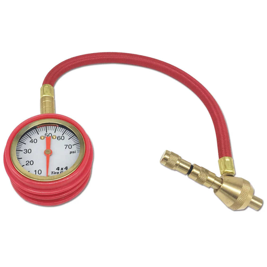 Red and black mechanical automotive tyre pressure gauge with a rapid deflation valve on a rubber shell.
