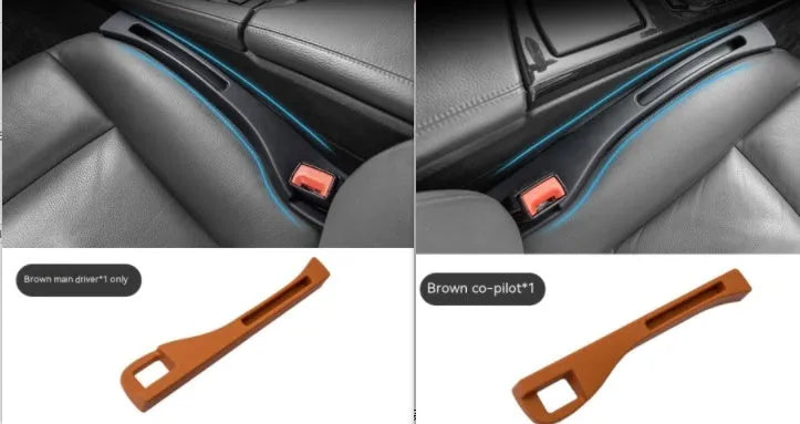 Black plastic car seat gap storage organiser box with handle between vehicle seats