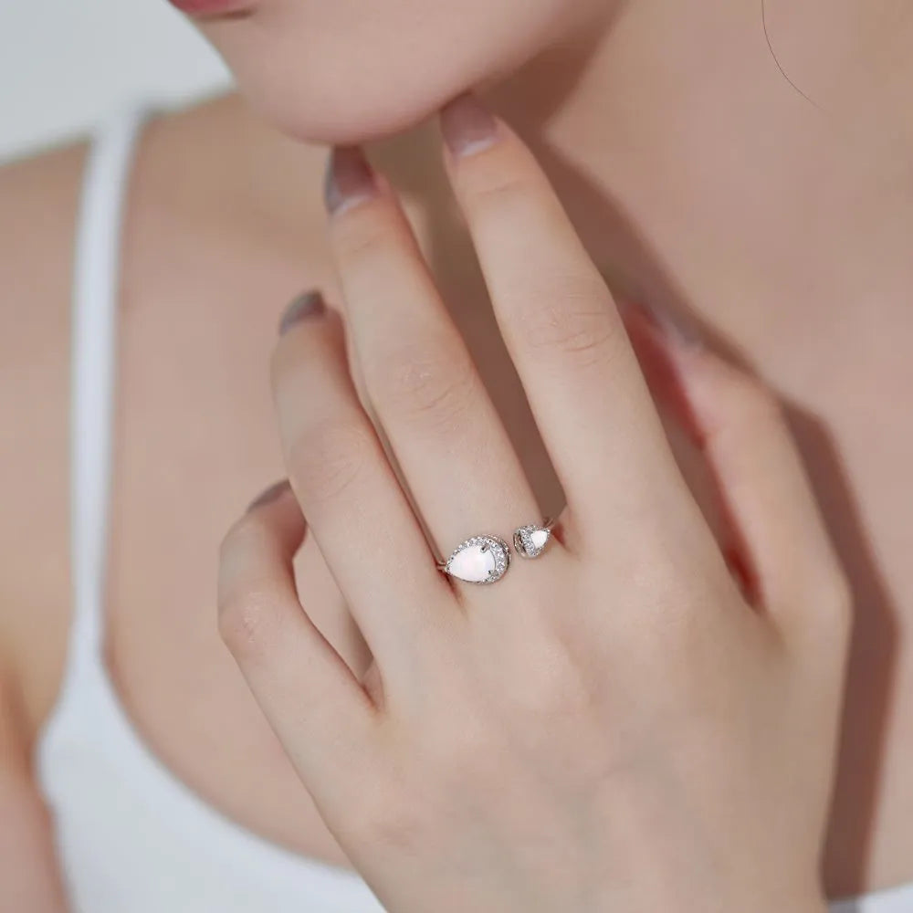 S925 sterling silver adjustable open mouth ring with blue drop-shaped fat triangle opal design geometric style