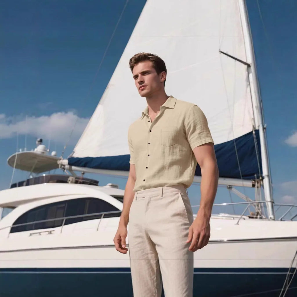 Men's loose fit linen short-sleeved cardigan shirt in a solid colour on a hanger.