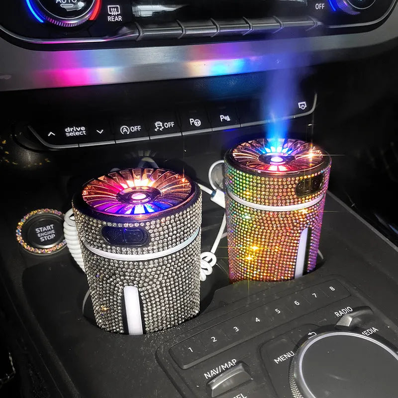Luxury diamond rhinestone car humidifier with LED light, USB powered, 15x7x7cm, multi-colour options