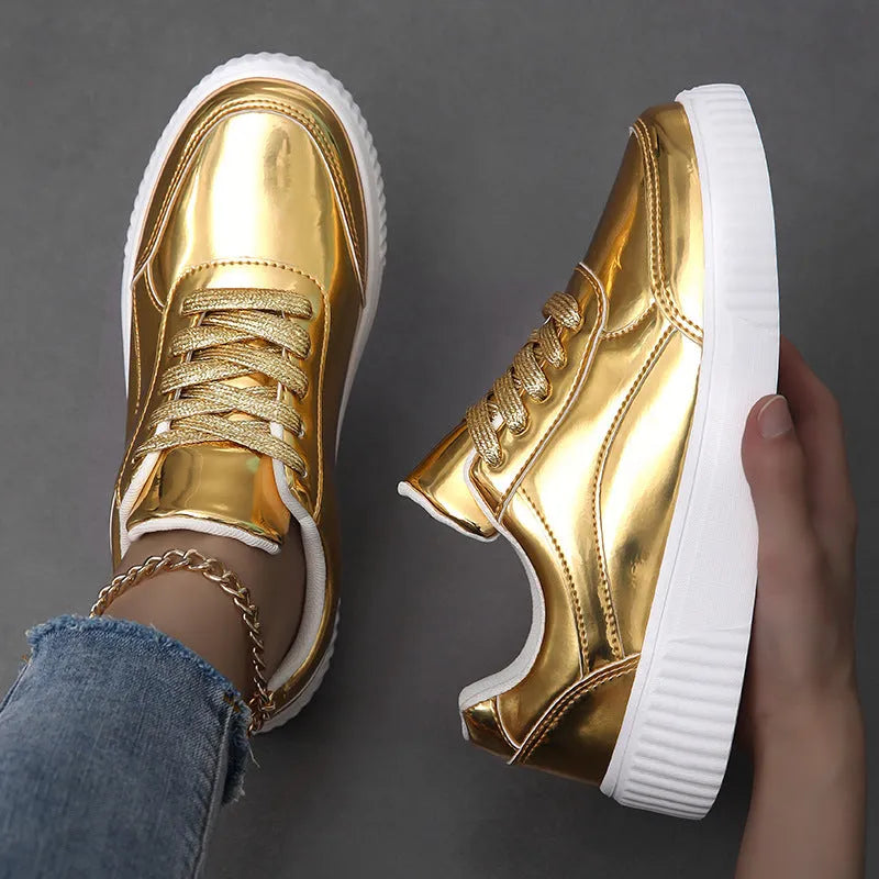 Rose gold platform sneakers with sequin details and a thick MD sole.