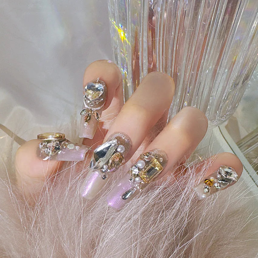 S number flash style artificial nails with luxury rhinestone designs and glossy phototherapy sealing