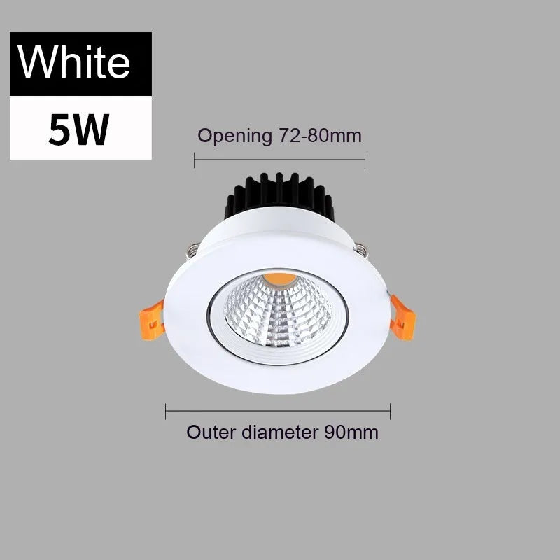 LED embedded ceiling spotlight with aluminium housing showing three colour temperature options and hole size measurements
