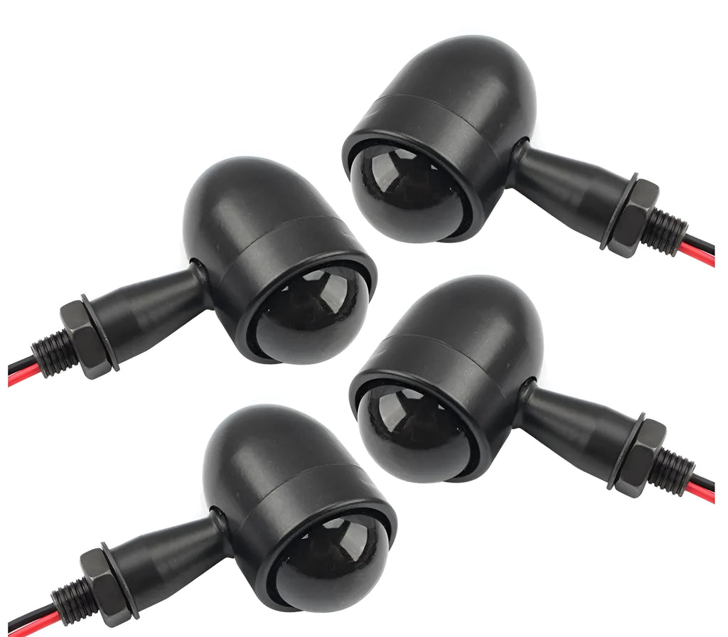 Motorcycle turn signal with metal back shell, plastic lens, 12V 2-wire connection, and 10mm mounting bolt thread