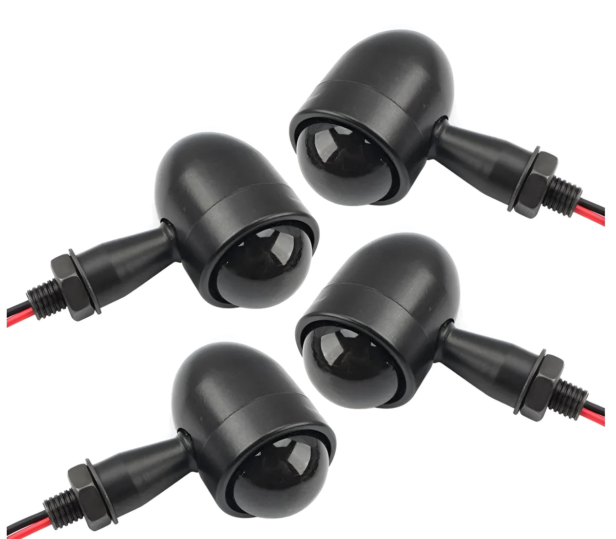 Motorcycle turn signal with metal back shell, plastic lens, 12V 2-wire connection, and 10mm mounting bolt thread
