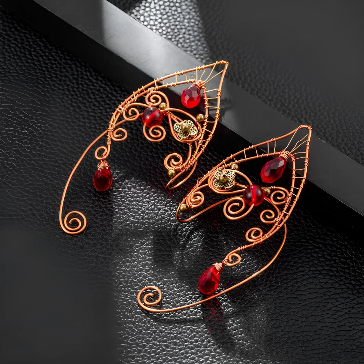 Retro red beads non-piercing copper earrings with electroplated finish, left 141 right 142 or pair