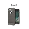 A solid-colour shock-proof TPU phone case for iPhone, shown in black, blue, grey, navy, and red colour options.