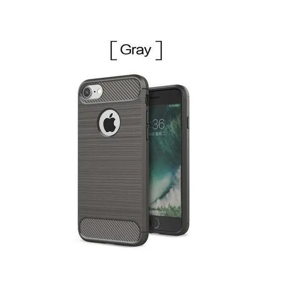 A solid-colour shock-proof TPU phone case for iPhone, shown in black, blue, grey, navy, and red colour options.