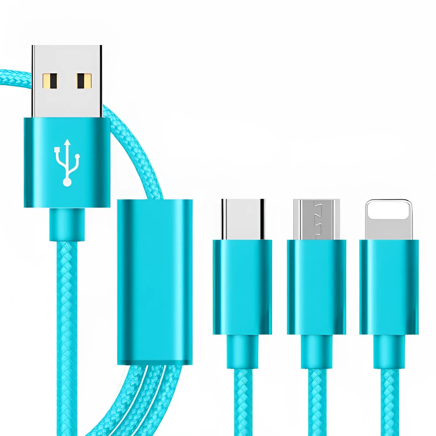 Three-in-one mobile charging cable with Micro USB, Lightning, and USB-C connectors in 1.2 metre length