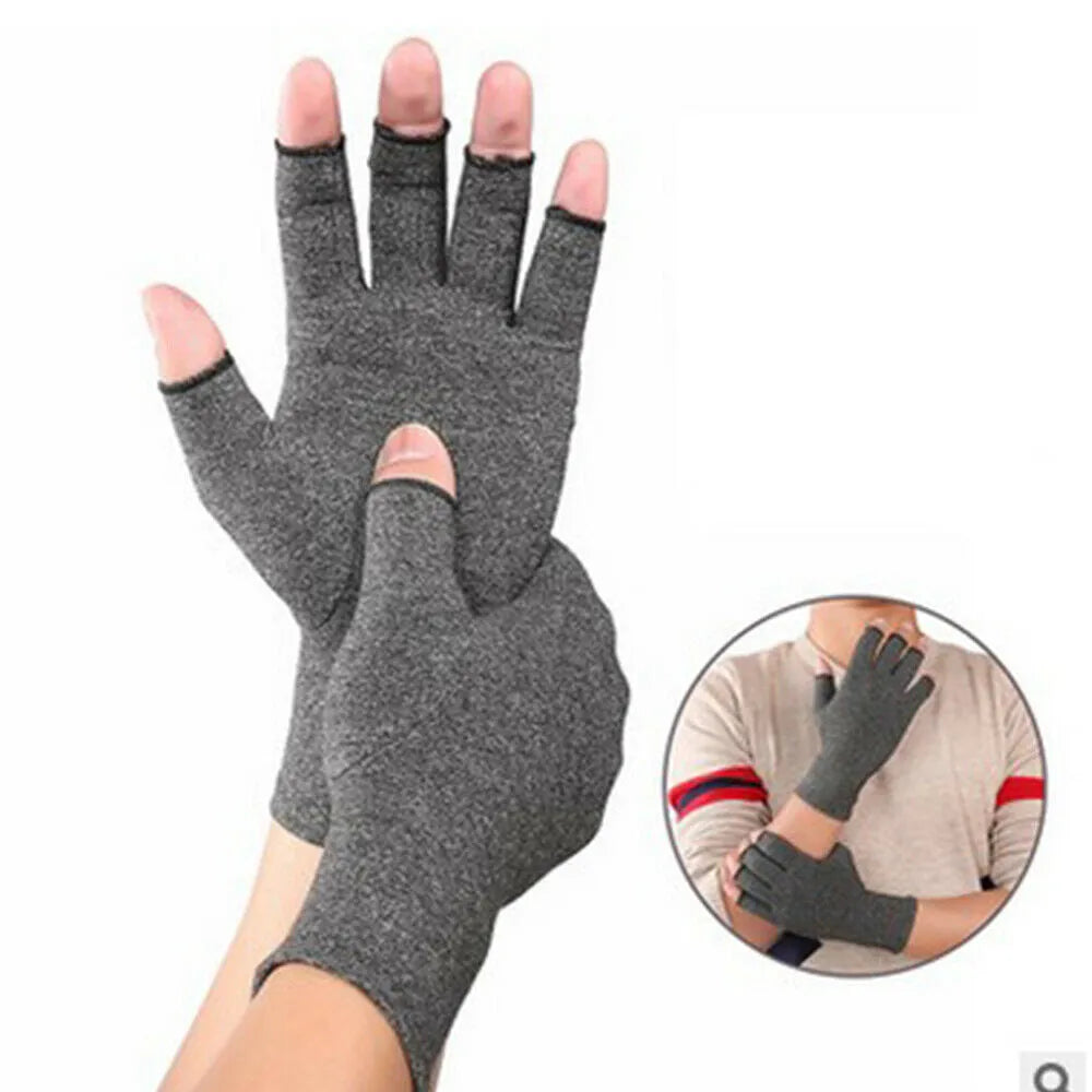 Grey half finger joint compression gloves with an anti-slip palm, shown in a dispensing style.