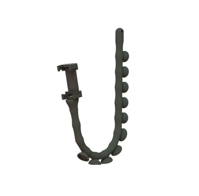 Black flexible rubber phone holder with suction cup extended to 62cm length on a desktop