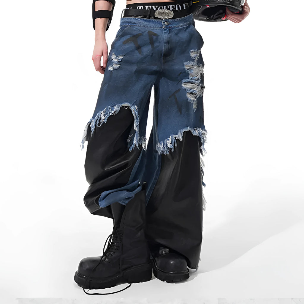 Blue hand painted letters dirty dyed raw hem ripped straight-leg denim pants for teenagers