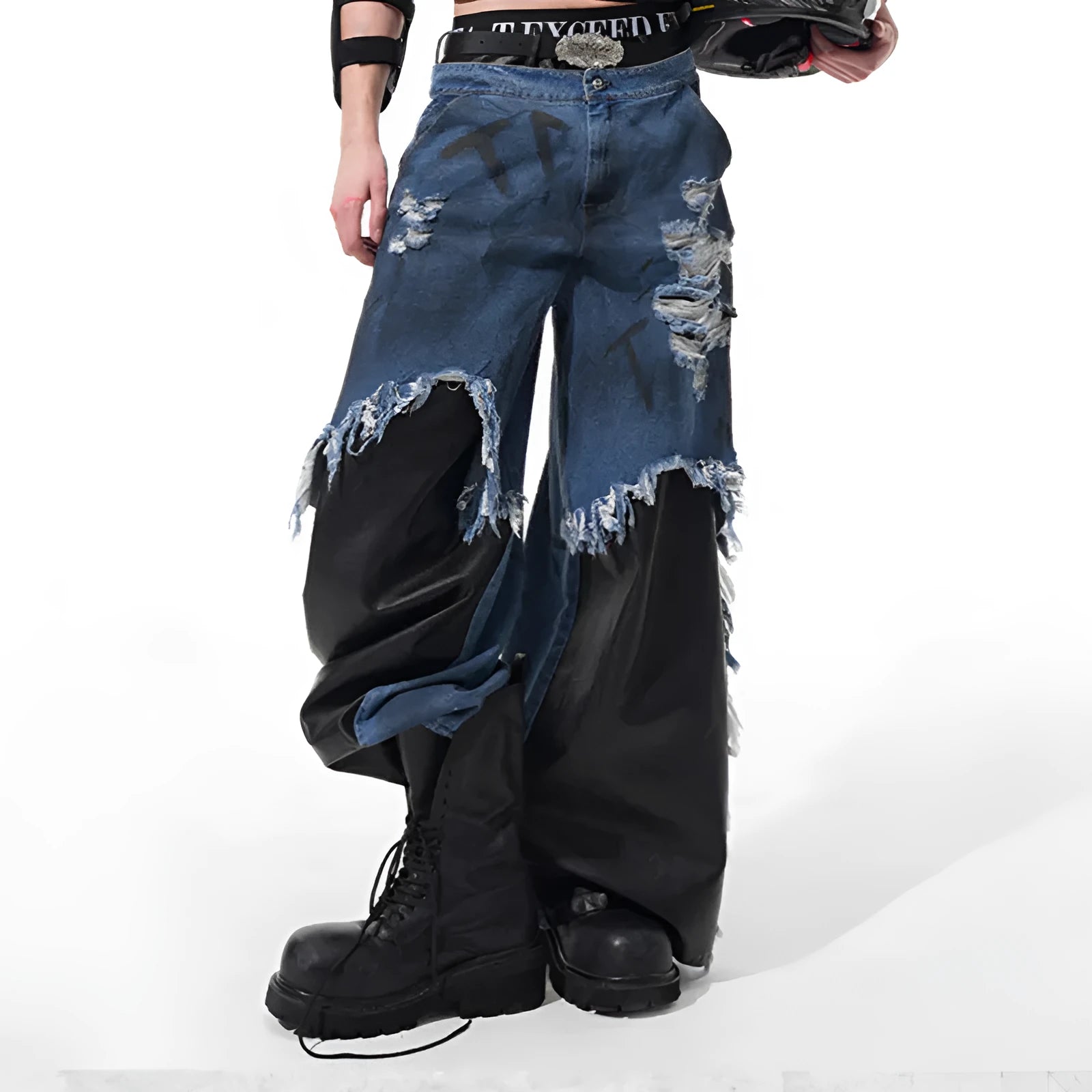 Blue hand painted letters dirty dyed raw hem ripped straight-leg denim pants for teenagers