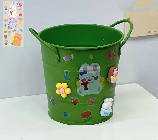 Round creative iron art metal pen holder in pink, green, red, white, and yellow colour options.