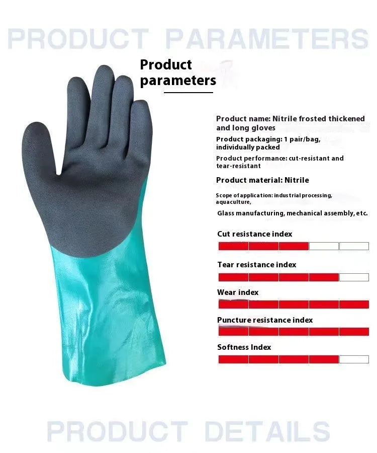 Navy blue women's nitrile gloves shown in short and lengthened sleeve versions for fishing and work.