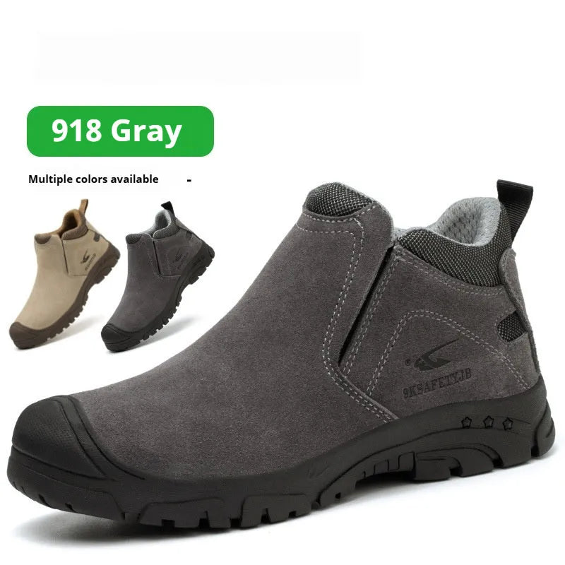 Lightweight grey sand coloured safety shoes with steel toe cap and lace-up front.