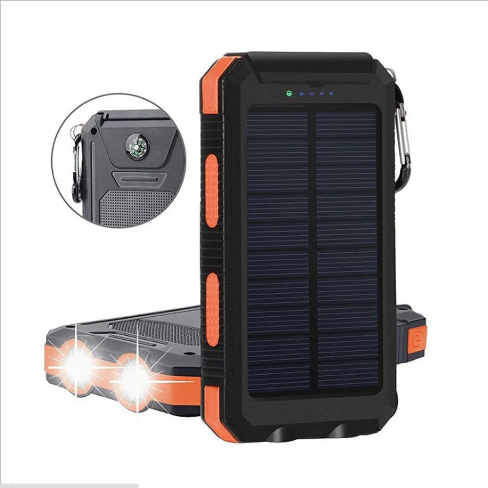 Solar power bank with dual LED headlights and compass display, shown in black colour.