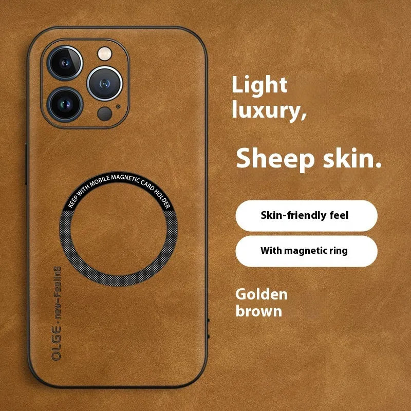 Magnetic sheepskin iPhone case in Graphite Black with built-in magnetic ring and all-inclusive drop-resistant PC shell