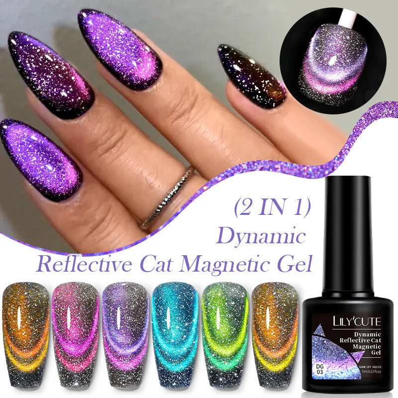 Bottle of Diamond In The Debris Cat Eye Series Nail Polish Gel showing glitter and diamond fragments, with six colour options displayed.