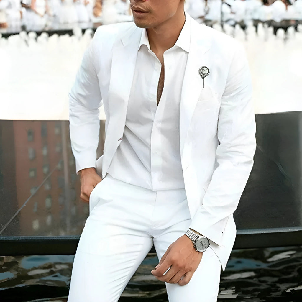 Men's white two-piece slim fit wedding suit with jacket and trousers for groomsman attire