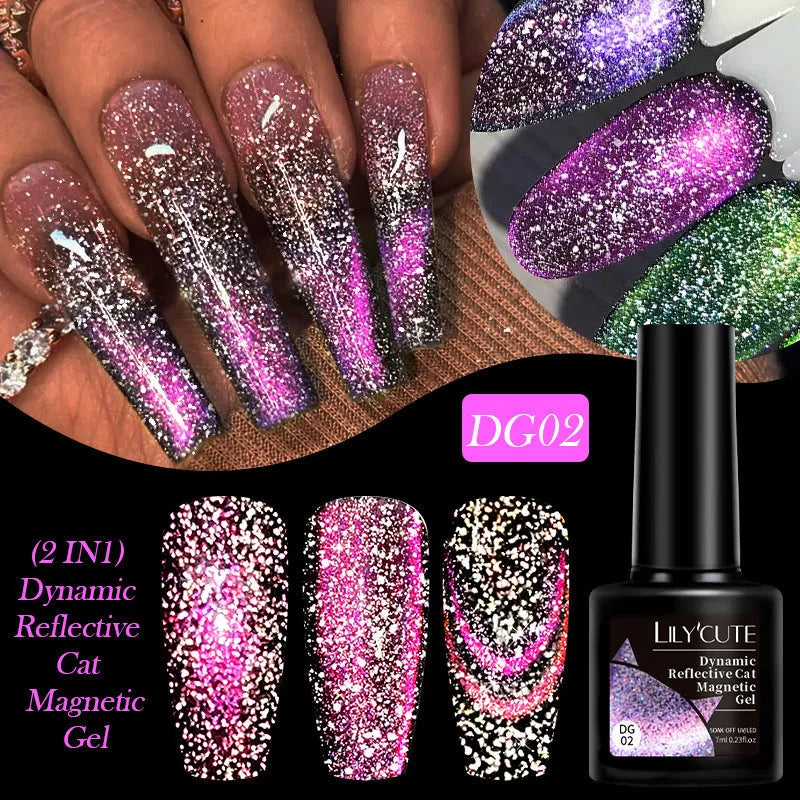 Bottle of Diamond In The Debris Cat Eye Series Nail Polish Gel showing glitter and diamond fragments, with six colour options displayed.