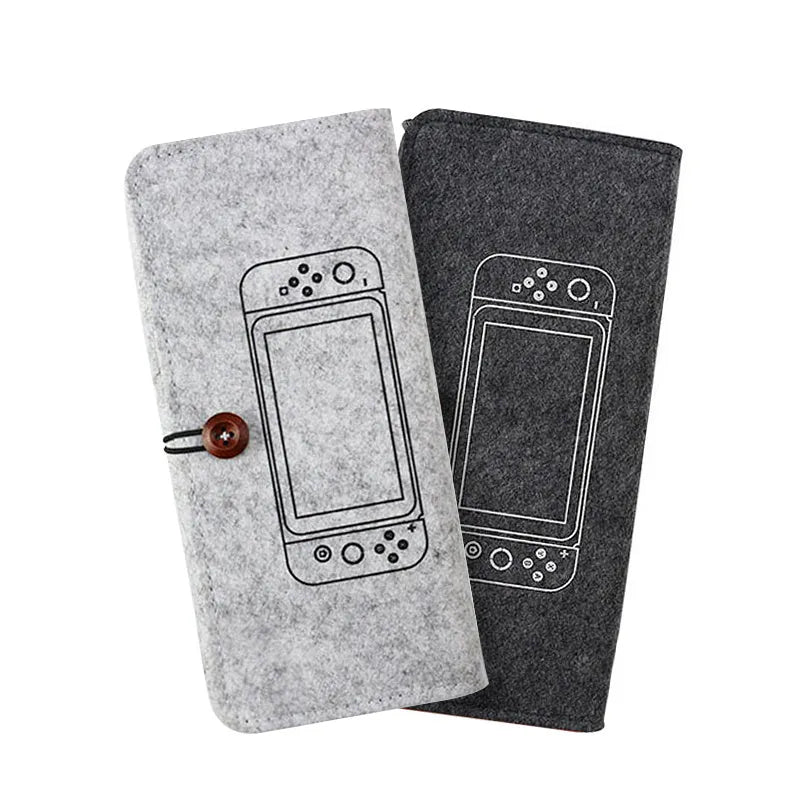 Black felt pouch for Nintendo Switch open to show console compartment and 5 game card slots.
