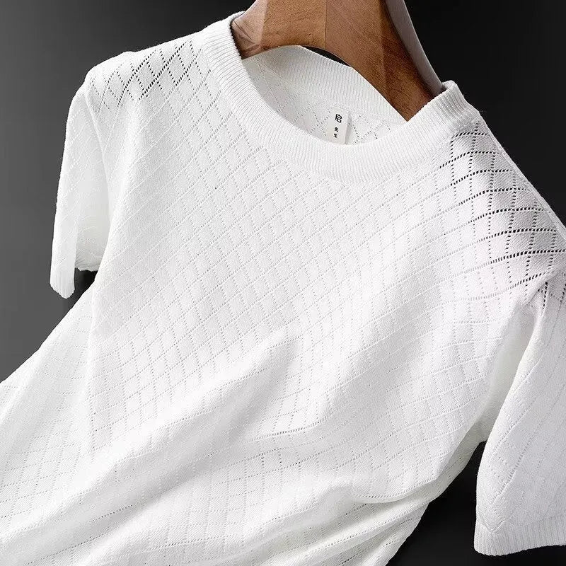 Man wearing a black Korean-style ice silk V-neck t-shirt, showcasing the cut-out detail and casual fit.