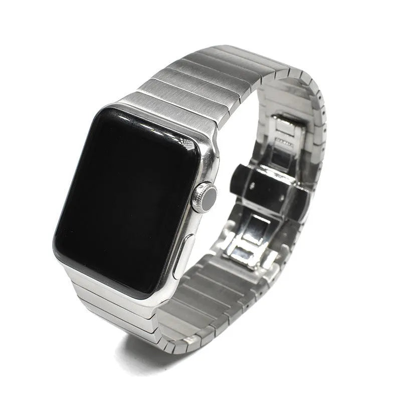 Stainless steel metal watch strap with butterfly buckle for Apple Watch in multiple colour options