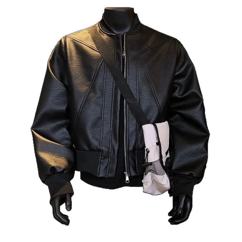 Men's black extended length PU leather jacket on a hanger, showing tight fit and 100cm length.