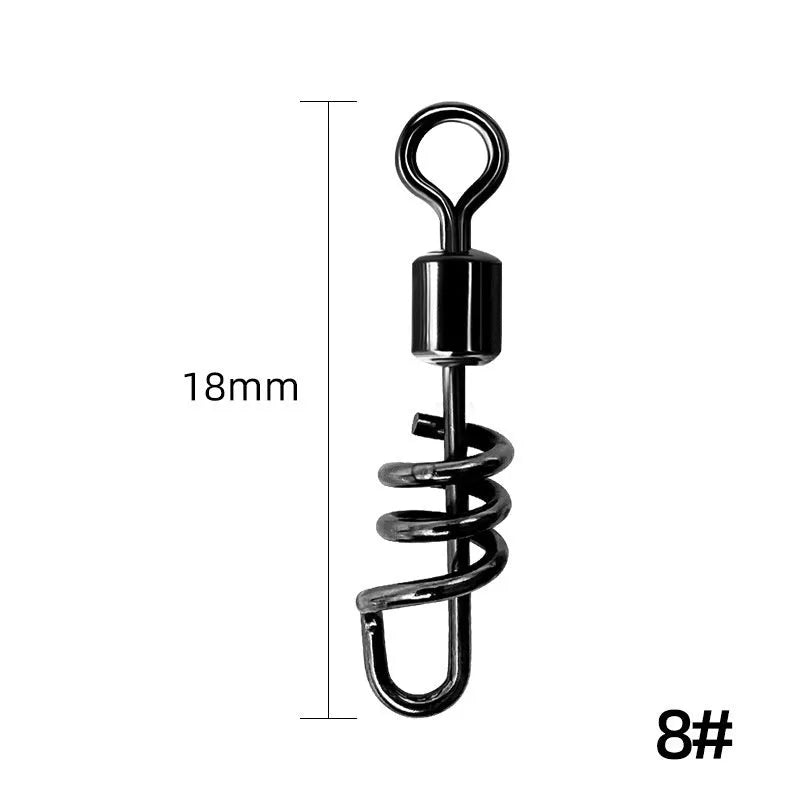 Close-up of a silver 8-shaped metal fishing swivel connector on a dark background.