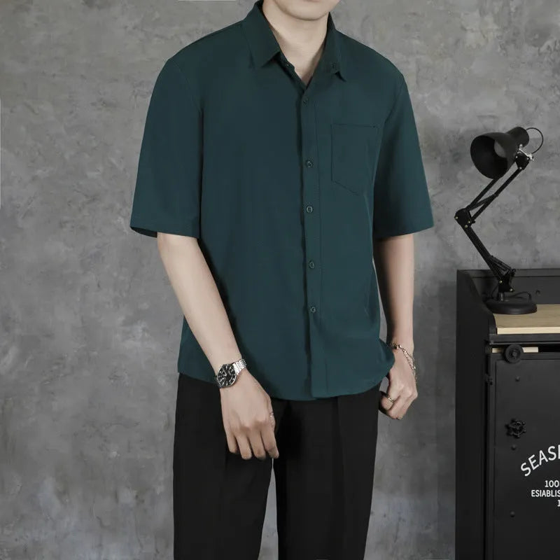Men's summer casual shirt cotton blend loose fit wrinkle-free treatment solid colour