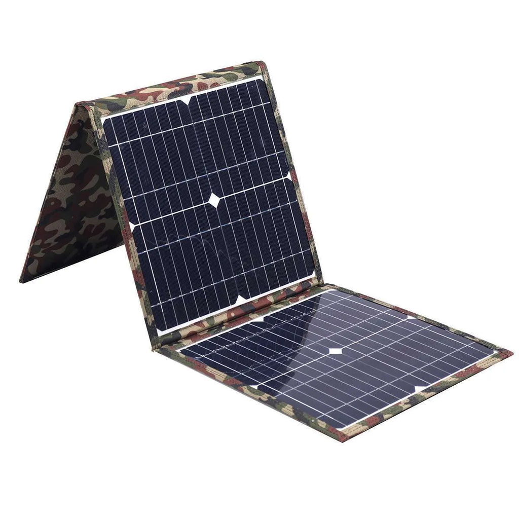 Black foldable portable 36W solar panel with USB ports and included car charger accessories