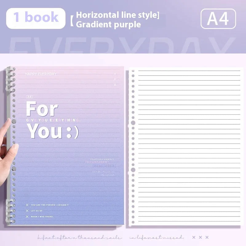 A gradient-coloured removable coil notebook in A4 size with a blue PP cover, open to show wood-free paper.
