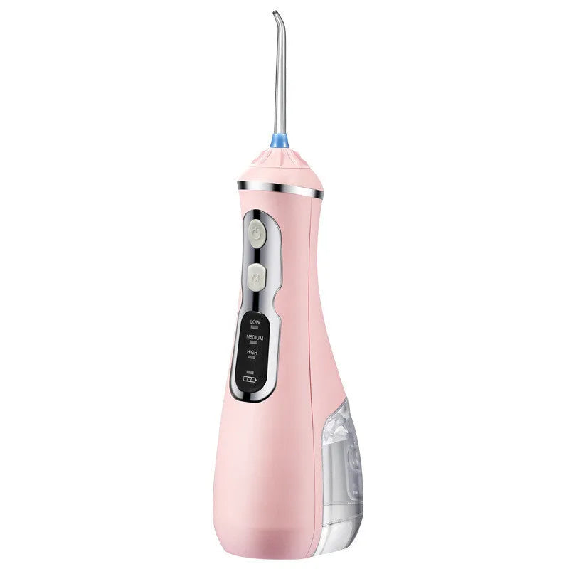 Portable oral irrigator in black, pink, or white with USB cable and two nozzles.