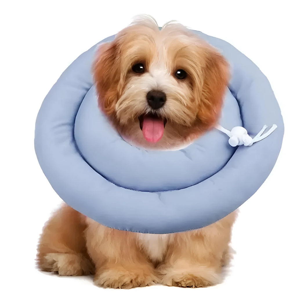 Adjustable waterproof Elizabethan recovery collar for dogs and cats in blue, gray, and pink with size options from S to XXXXL
