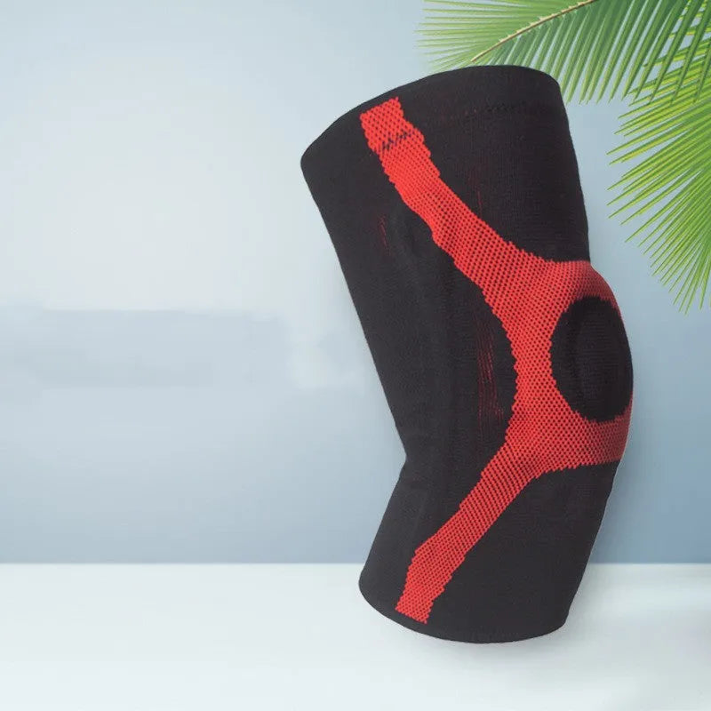 Red and grey knitted sports knee pads with silicone non-slip grip for running and climbing.